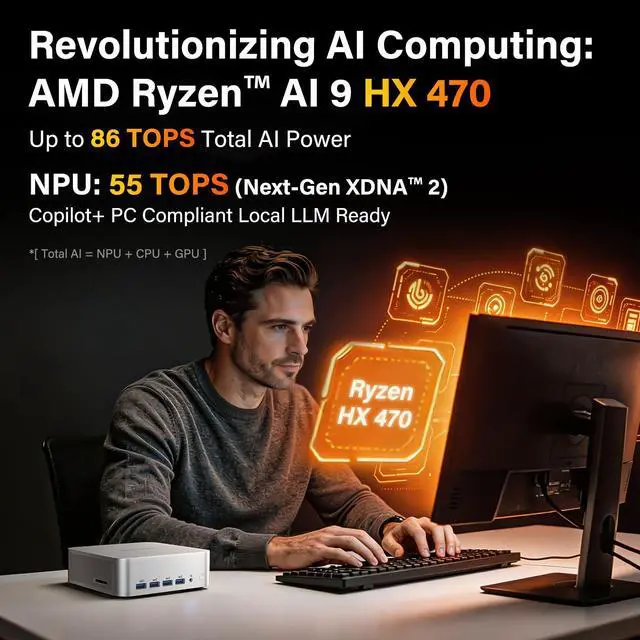 Alt view image 3 of 7 - GEEKOM A9 Max Top AI Productivity Mini PC,AMD Ryzen AI 9 HX470(86 Tops)DDR5 | 32GB RAM(Up to128GB)2TB SSD|Copilot+ PC|WiFi7|BT5.4|USB4|HDMI2.1|8K Video Editing|3D Rendering|Mini Desktop Gaming Powerho