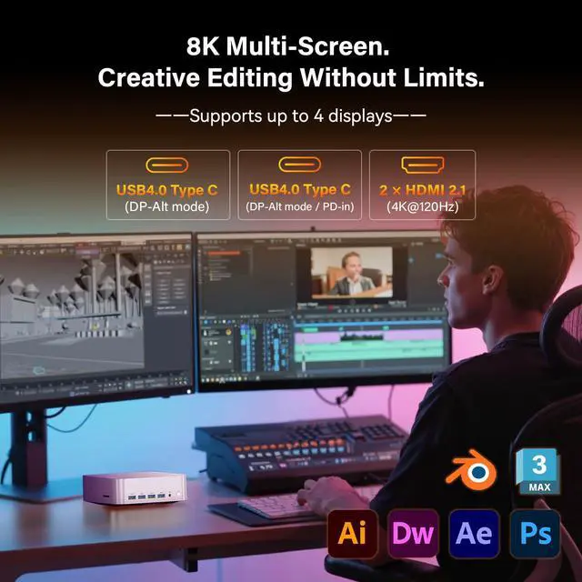 Alt view image 5 of 7 - GEEKOM A9 Max Top AI Productivity Mini PC,AMD Ryzen AI 9 HX470(86 Tops)DDR5 | 32GB RAM(Up to128GB)2TB SSD|Copilot+ PC|WiFi7|BT5.4|USB4|HDMI2.1|8K Video Editing|3D Rendering|Mini Desktop Gaming Powerho