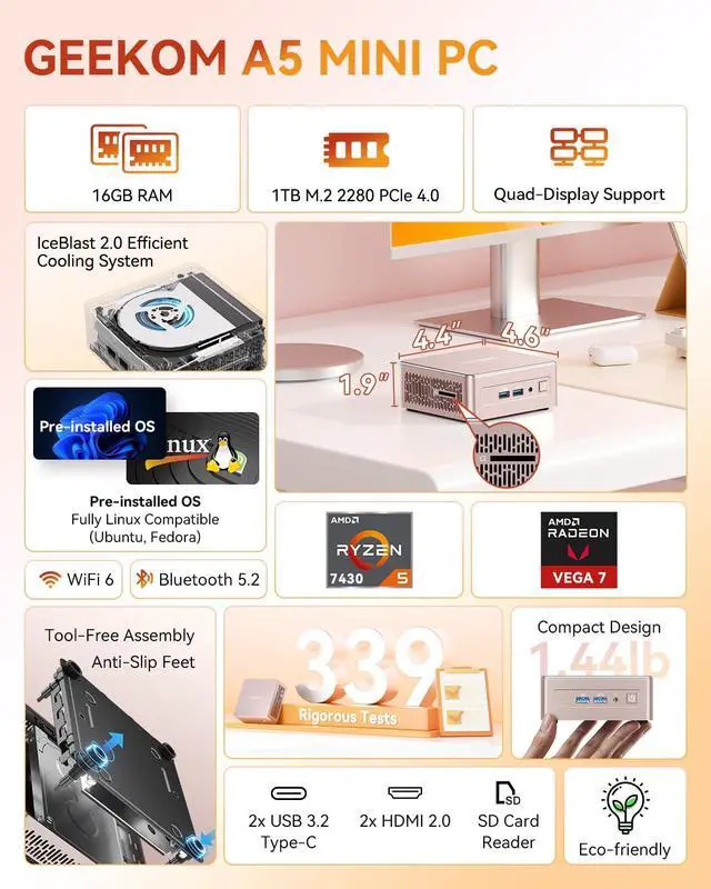 Alt view image 2 of 7 - GEEKOM A5 Mini PC, AMD Ryzen 5 7430U, 16GB Upgradable RAM, 1TB SSD