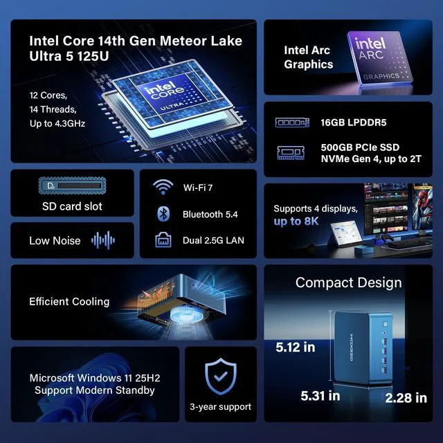 Alt view image 2 of 7 - GEEKOM Mini PC IT12 MAX,Ultra 5 125U,16GB RAM,500GB SSD(Upgradeable)
High Speed LPDDR5(5600MT/s) Business Computer (Arc Graphics) 8K | WiFi 7| Dual LAN|Gaming/Engineering/Industrial(AI Boost)