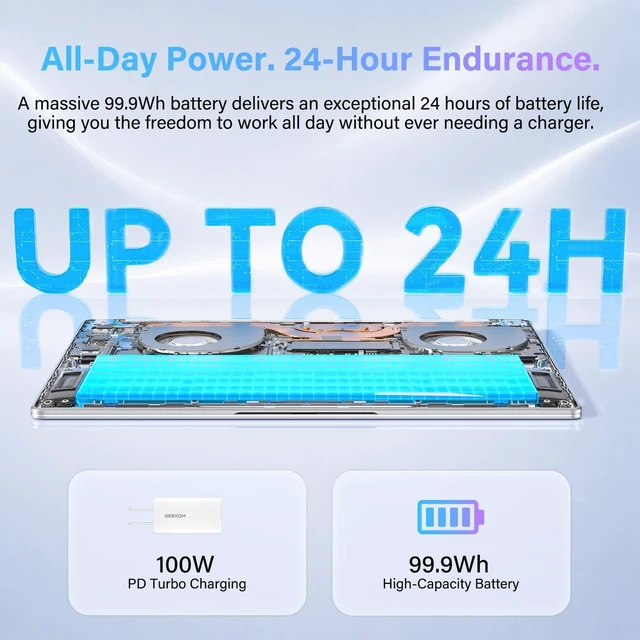 Alt view image 5 of 7 - GEEKOM GeekBook M16 Laptop, Up to 24H, 55W Sustained Power Ultra 9 Notebook
16" IPS Display, 16GB LPDDR5, 512GB SSD, 180° Lay-Flat, Dual-Fan, 100W PD Charging, Fingerprint, Privacy Shutter, Windows 11