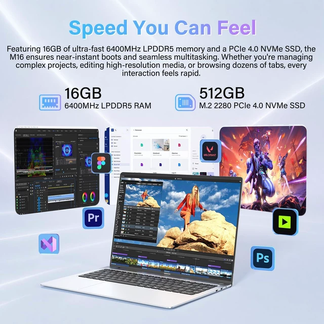 Alt view image 6 of 7 - GEEKOM GeekBook M16 Laptop, Up to 24H, 55W Sustained Power Ultra 9 Notebook
16" IPS Display, 16GB LPDDR5, 512GB SSD, 180° Lay-Flat, Dual-Fan, 100W PD Charging, Fingerprint, Privacy Shutter, Windows 11