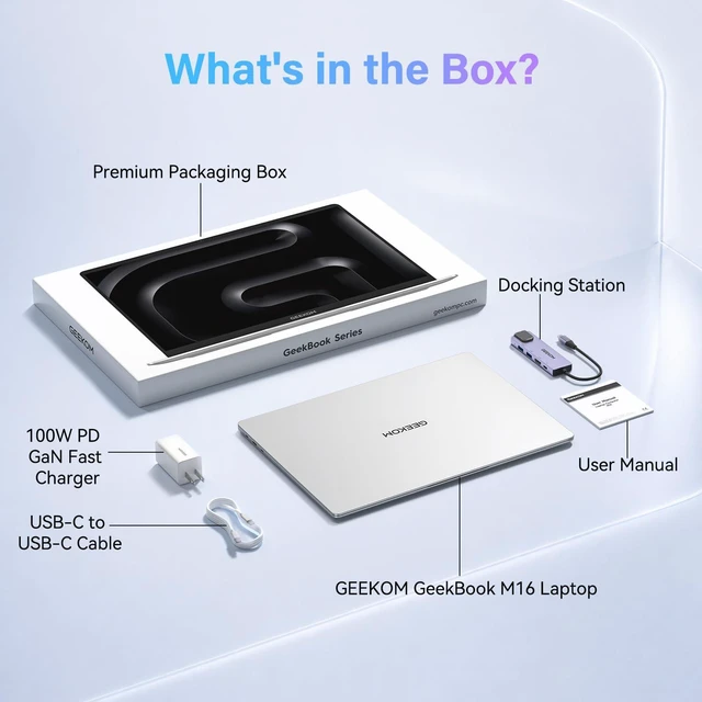Alt view image 7 of 7 - GEEKOM GeekBook M16 Laptop, Up to 24H, 55W Sustained Power Ultra 9 Notebook
16" IPS Display, 16GB LPDDR5, 512GB SSD, 180° Lay-Flat, Dual-Fan, 100W PD Charging, Fingerprint, Privacy Shutter, Windows 11