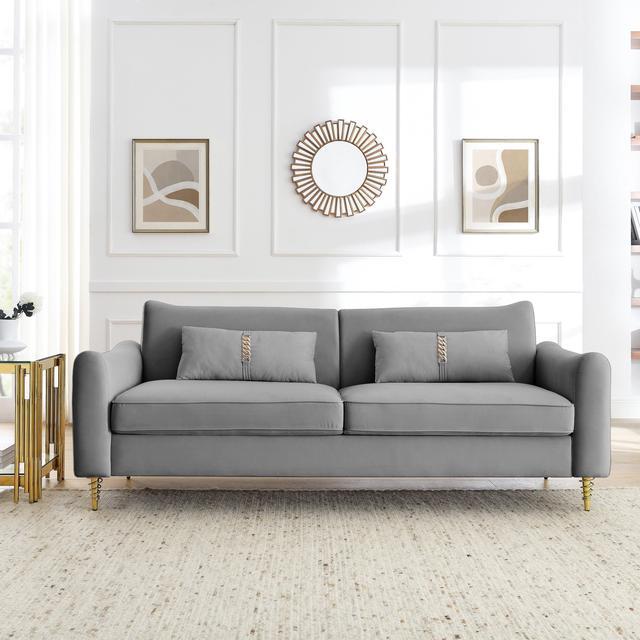 80.3 Modern Sofa Couch Upholstered Sofa Tufted Back Comfy Velvet Long Couch with 2 Pillows and Golden Legs for Living Room, Bedroom, Office, Apartmen