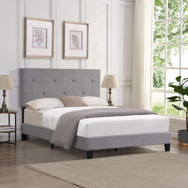 Queen Size Upholstered Platform Bed with Tufted Headboard, Box Spring Needed - Grey