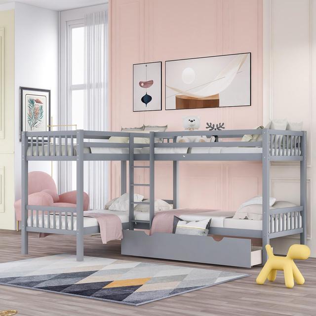 Full Over Twin Twin Bunk Bed, Velvet Triple Bunk Bed With Drawers  Full-length Guardrails, Wooden Full Bed Separate To Twin Beds With Velvet, Two Twin Beds Pushed Together