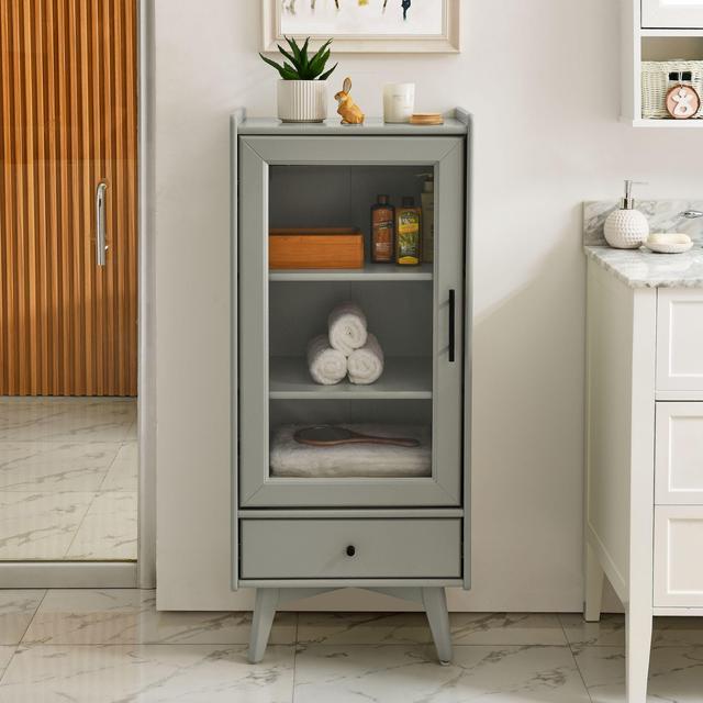 Modern Bathroom Storage Cabinet & Floor Standing cabinet with Glass Door  with Double Adjustable Shelves and One Drawer, Extra Storage Space on Top