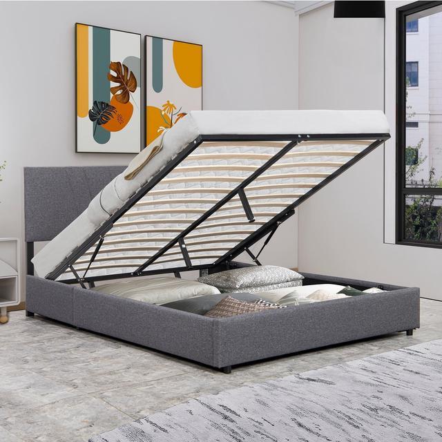 Gray Queen Size Upholstered Platform Bed with A Hydraulic Storage System