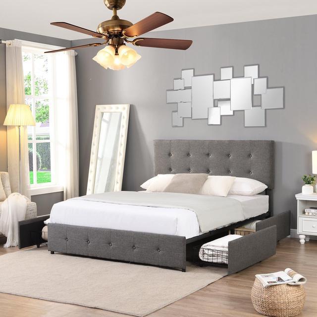 Queen Size Upholstered Platform Bed with Tufted Headboard, Box Spring Needed - Grey