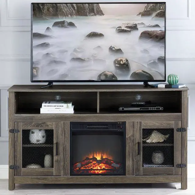 Modern Farmhouse TV Stand with Electric Fireplace, Fit up to 65 Flat Screen  TV with Storage Cabinet and Adjustable Shelves Industrial Entertainment  Center for Living Room, Grey - Newegg.com