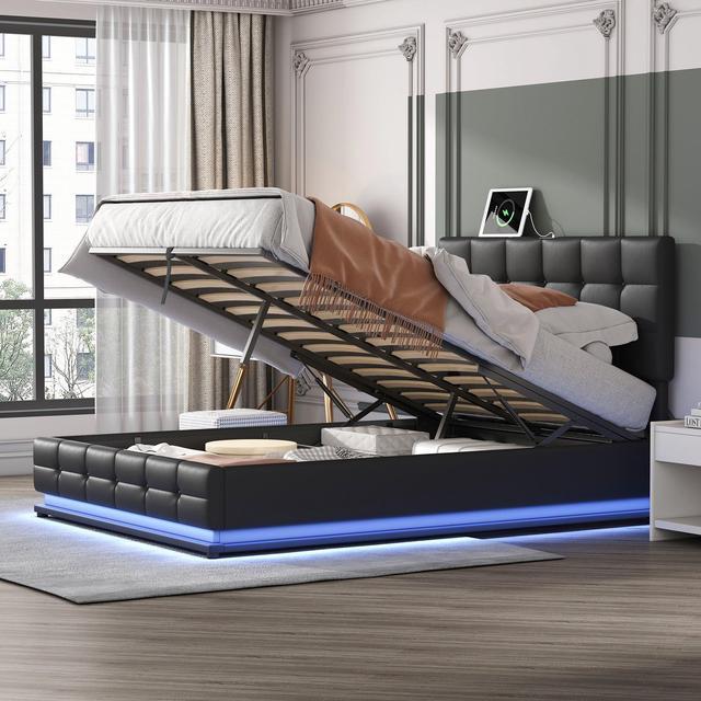 Gray Queen Size Upholstered Platform Bed with A Hydraulic Storage System