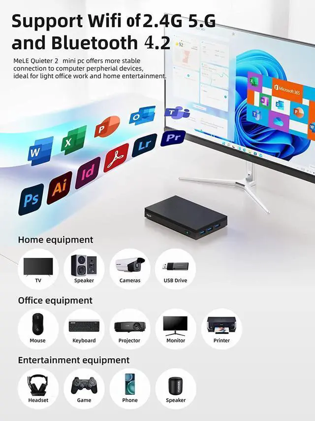 Alt view image 5 of 7 - MeLE Quieter2Q Fanless Mini PC Computer Windows 11 Pro J4125 4GB 64GB Dual HDMI 4K Display Portable Desktop for Business Astrophotography Media Office Support M.2 NVMe SATA 2280 SSD Win10 Linux
