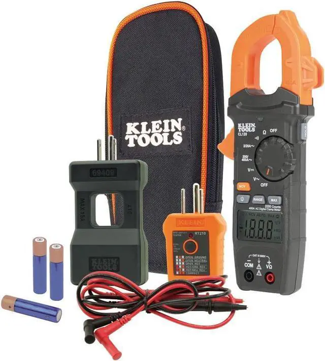 Main image of Klein Tools CL120KIT Electrical Tester/Auto-Ranging Digital Clamp Meter Kit, GFCI Tester, Line Splitter, Pouch, Leads, 3 x AAA