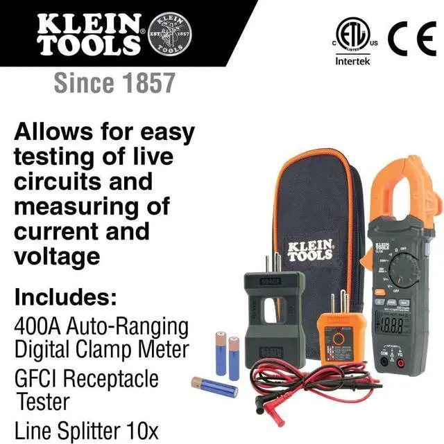 Alt view image 2 of 7 - Klein Tools CL120KIT Electrical Tester/Auto-Ranging Digital Clamp Meter Kit, GFCI Tester, Line Splitter, Pouch, Leads, 3 x AAA