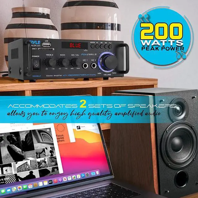 Alt view image 5 of 7 - Wireless Bluetooth Stereo Power Amplifier - 200W Dual Channel Sound Audio Stereo Receiver w/RCA, USB, SD, MIC in, FM Radio, for Home Computer via RCA