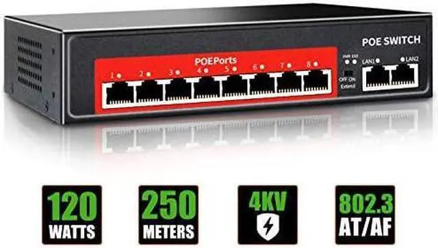Main image of PoE Switch 8 POE Ports +2 Uplink8023afat PoE+ 100Mbps 120W Builtin Power Extend to 250MeterUnmanaged Metal Plug and Play