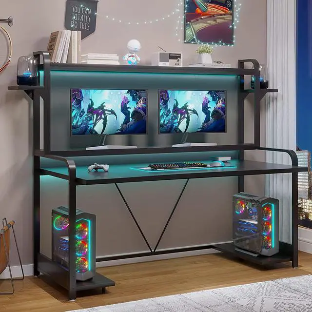 Main image of Gaming Desk, 55" Computer Desk with Shelves, LED Lights, Hutch & Monitor Shelf, Large PC Gamer Desk Workstation, Gaming Table for Bedroom, Studying Writing Desk for Home Office, Black