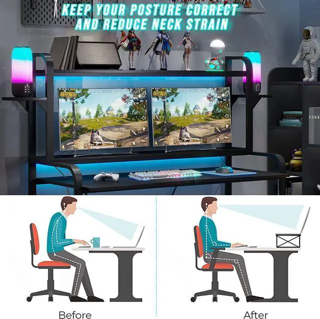 Alt view image 4 of 7 - Gaming Desk, 55" Computer Desk with Shelves, LED Lights, Hutch & Monitor Shelf, Large PC Gamer Desk Workstation, Gaming Table for Bedroom, Studying Writing Desk for Home Office, Black