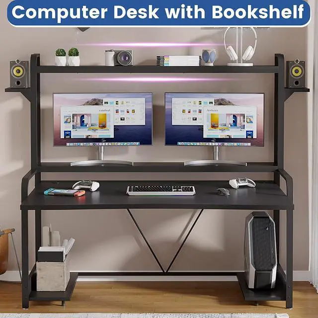 Alt view image 5 of 7 - Gaming Desk, 55" Computer Desk with Shelves, LED Lights, Hutch & Monitor Shelf, Large PC Gamer Desk Workstation, Gaming Table for Bedroom, Studying Writing Desk for Home Office, Black