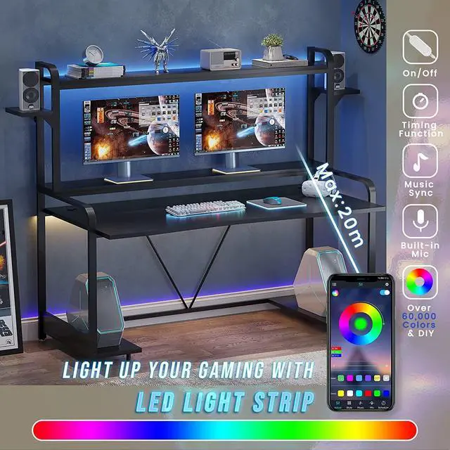 Alt view image 3 of 7 - Gaming Desk, 55" Computer Desk with Shelves, LED Lights, Hutch & Monitor Shelf, Large PC Gamer Desk Workstation, Gaming Table for Bedroom, Studying Writing Desk for Home Office, Black