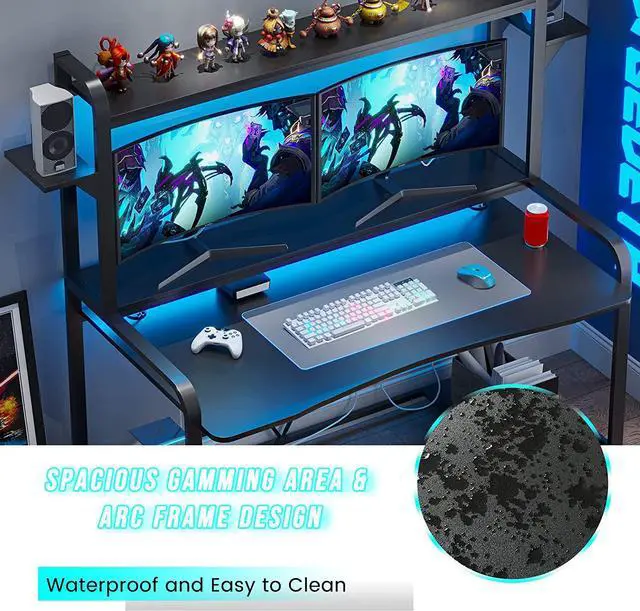 Alt view image 6 of 7 - Gaming Desk, 55" Computer Desk with Shelves, LED Lights, Hutch & Monitor Shelf, Large PC Gamer Desk Workstation, Gaming Table for Bedroom, Studying Writing Desk for Home Office, Black