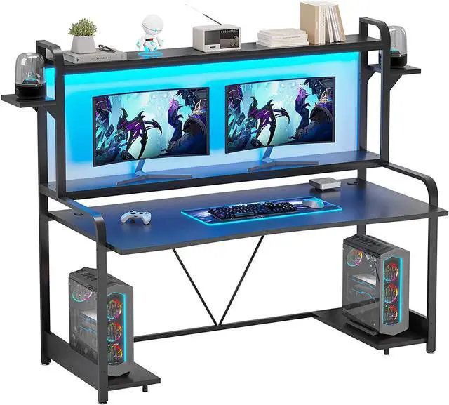 Alt view image 7 of 7 - Gaming Desk, 55" Computer Desk with Shelves, LED Lights, Hutch & Monitor Shelf, Large PC Gamer Desk Workstation, Gaming Table for Bedroom, Studying Writing Desk for Home Office, Black