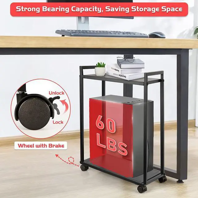 Alt view image 4 of 6 - Computer Tower Stand, 2-Tier CPU Stand PC Stand with Lockable Wheels Under Desk for Office Home (M)