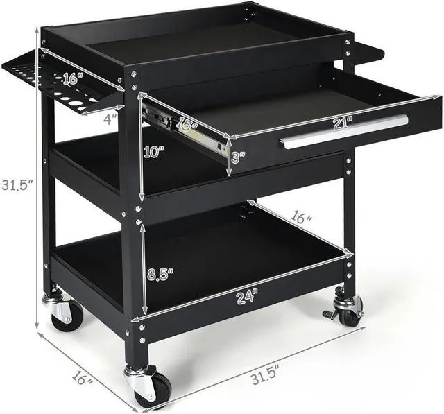 Alt view image 2 of 5 - IRONMAX Three Tray Tool Cart Organizer Rolling Utility Decker w/Drawer Black