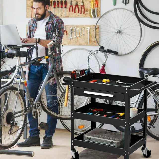 Alt view image 3 of 5 - IRONMAX Three Tray Tool Cart Organizer Rolling Utility Decker w/Drawer Black