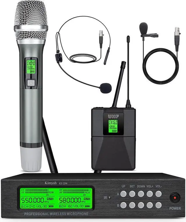 Main image of Wireless Microphone System, Kimyah Metal Dual UHF Cordless Handheld/Bodypack/Headset/Lapel Mic, 200 Channels, 328ft Range, Auto IR Pairing, Ideal for Church and Karaoke, Events(KY-2208)
