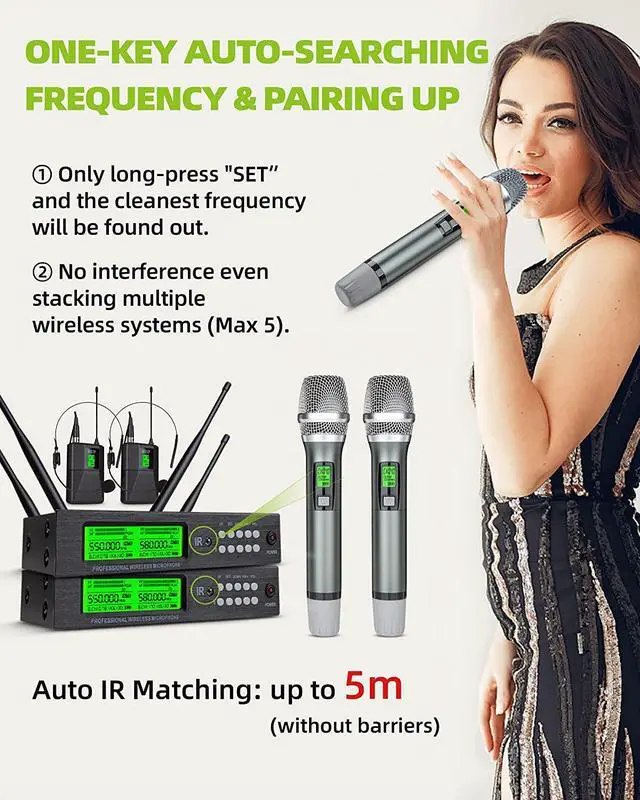 Alt view image 3 of 7 - Wireless Microphone System, Kimyah Metal Dual UHF Cordless Handheld/Bodypack/Headset/Lapel Mic, 200 Channels, 328ft Range, Auto IR Pairing, Ideal for Church and Karaoke, Events(KY-2208)