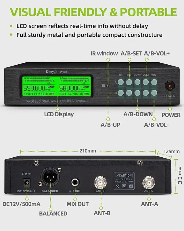 Alt view image 4 of 7 - Wireless Microphone System, Kimyah Metal Dual UHF Cordless Handheld/Bodypack/Headset/Lapel Mic, 200 Channels, 328ft Range, Auto IR Pairing, Ideal for Church and Karaoke, Events(KY-2208)