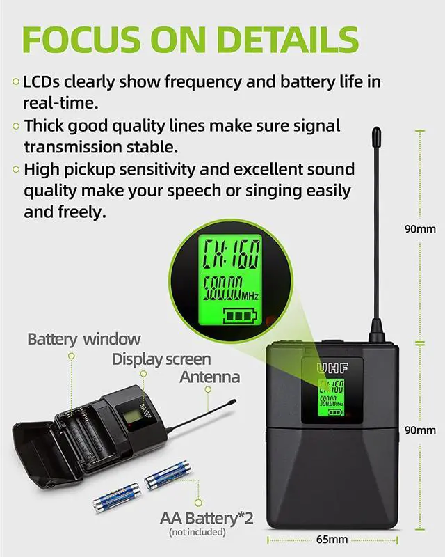 Alt view image 6 of 7 - Wireless Microphone System, Kimyah Metal Dual UHF Cordless Handheld/Bodypack/Headset/Lapel Mic, 200 Channels, 328ft Range, Auto IR Pairing, Ideal for Church and Karaoke, Events(KY-2208)