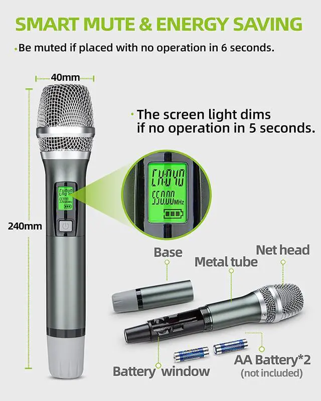 Alt view image 5 of 7 - Wireless Microphone System, Kimyah All Metal Dual UHF Cordless Mics of Handheld, 328ft Range, Ideal for Church, Conference and Karaoke, DJ, Wedding(KY-8208)