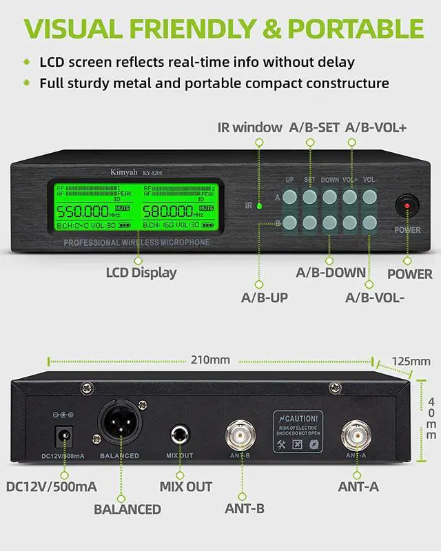 Alt view image 4 of 7 - Wireless Microphone System, Kimyah All Metal Dual UHF Cordless Mics of Handheld, 328ft Range, Ideal for Church, Conference and Karaoke, DJ, Wedding(KY-8208)
