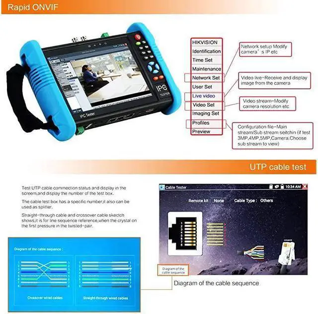 Alt view image 5 of 7 - Upgraded 7 inch IPS Touch Screen H.265 4K IPC-9800 Plus IP Camera Tester CCTV CVBS Analog Tester Built in WiFi with POE/WIFI/8G TF Card/HDMI Output/RJ45 TDR/Dual Window Test/Firmware