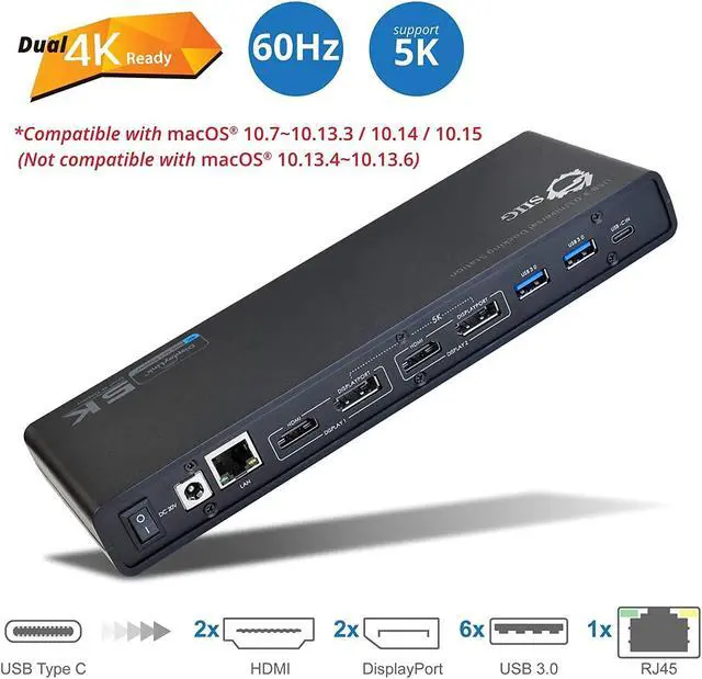 Alt view image 2 of 6 - SIIG USB Type C 4K Dual Monitor Docking Station - Dual 4K@60HZ or Single 5K@60Hz Video Laptop Dock - Thunderbolt 3 Compatible (2 HDMI, 2 DisplayPort Outputs, Gigabit Ethernet, 6 USB 3.0 Ports)