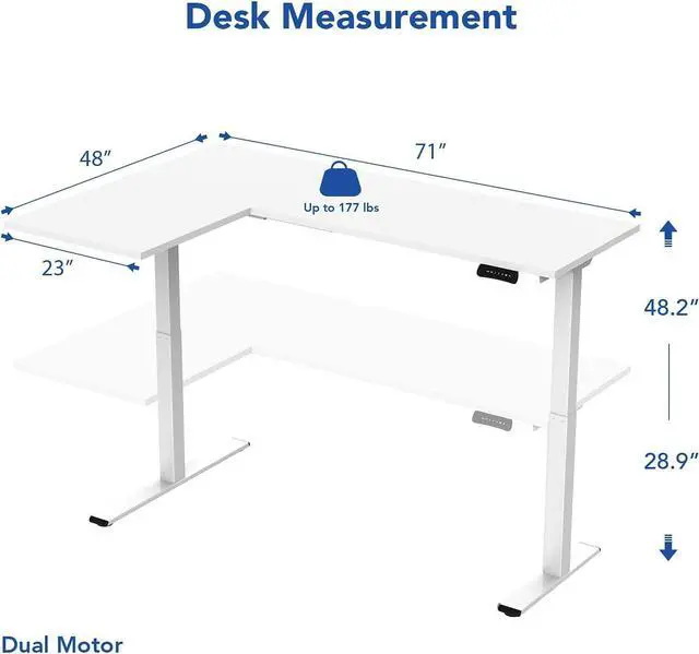 Alt view image 4 of 7 - FLEXISPOT Corner Desk Dual Motor L Shaped Computer Electric Standing Desk Sit Stand Up Desk Height Adjustable Desk Home Office Table with Splice Board, 71x48 White