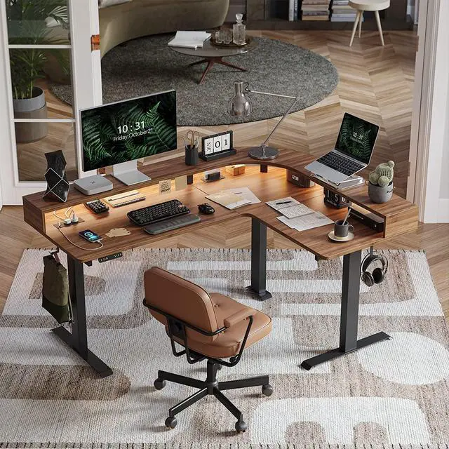 Alt view image 2 of 7 - Triple Motor L Shaped Stadning Desk with LED Strip & Power Outrlets,63 inches Height Adjustable Stand up Corner Desk with Ergonomic Monitor Stand, Black Frame/Black Walnut Top