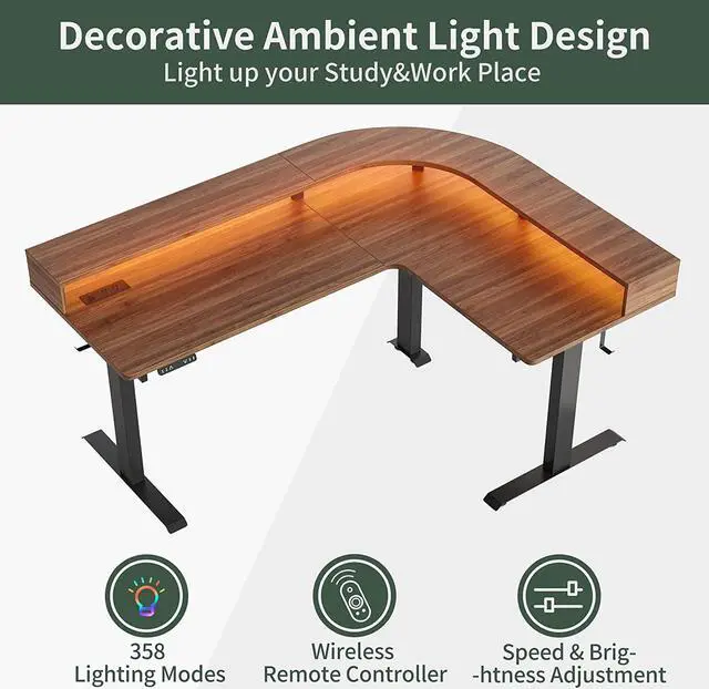 Alt view image 3 of 7 - Triple Motor L Shaped Stadning Desk with LED Strip & Power Outrlets,63 inches Height Adjustable Stand up Corner Desk with Ergonomic Monitor Stand, Black Frame/Black Walnut Top