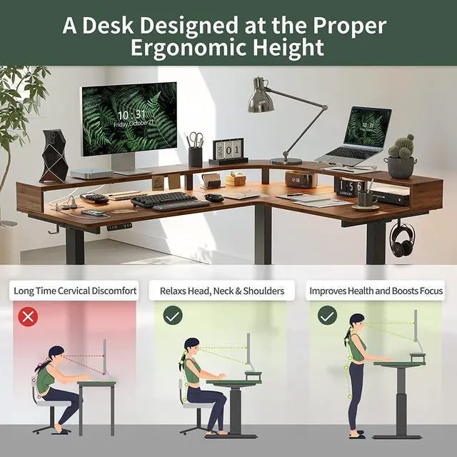 Alt view image 4 of 7 - Triple Motor L Shaped Stadning Desk with LED Strip & Power Outrlets,63 inches Height Adjustable Stand up Corner Desk with Ergonomic Monitor Stand, Black Frame/Black Walnut Top