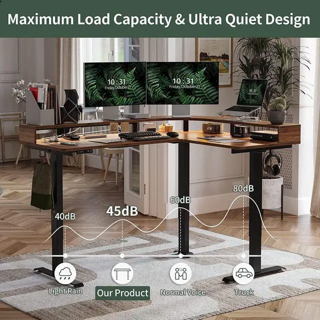 Alt view image 6 of 7 - Triple Motor L Shaped Stadning Desk with LED Strip & Power Outrlets,63 inches Height Adjustable Stand up Corner Desk with Ergonomic Monitor Stand, Black Frame/Black Walnut Top