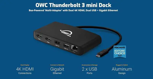 Alt view image 3 of 6 - OWC Thunderbolt 3 Mini Dock, Bus-Powered 5-Port Multi-Adapter with Dual 4K HDMI, Dual USB & Gigabit Ethernet, Integrated 7.2-inch Thunderbolt 3 Cable, (OWCTB3MDK5P)