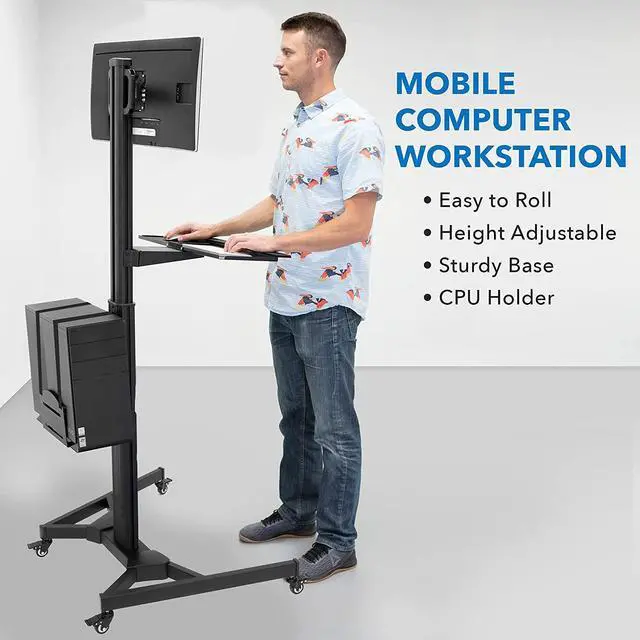 Alt view image 2 of 7 - Adjustable Mobile PC Workstation with Single Monitor Mount | Mobile Standing Computer Workstation with Adjustable Keyboard Tray and CPU Holder | Rolling Desk Fits 13 to 32 Inch Monitors