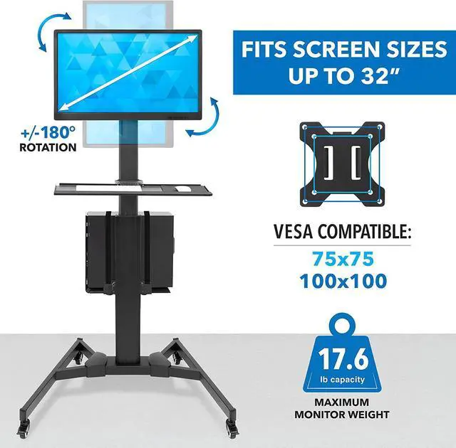 Alt view image 3 of 7 - Adjustable Mobile PC Workstation with Single Monitor Mount | Mobile Standing Computer Workstation with Adjustable Keyboard Tray and CPU Holder | Rolling Desk Fits 13 to 32 Inch Monitors