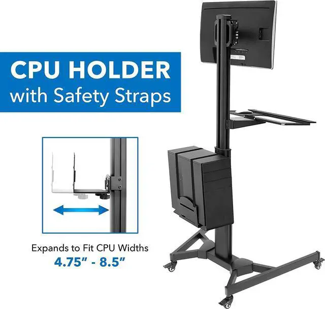 Alt view image 5 of 7 - Adjustable Mobile PC Workstation with Single Monitor Mount | Mobile Standing Computer Workstation with Adjustable Keyboard Tray and CPU Holder | Rolling Desk Fits 13 to 32 Inch Monitors