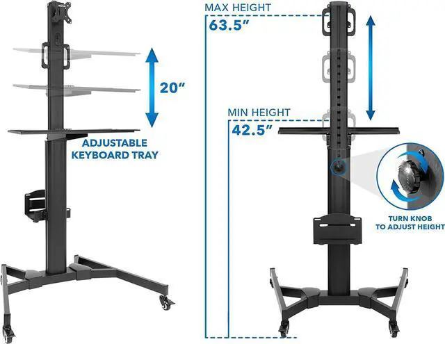 Alt view image 4 of 7 - Adjustable Mobile PC Workstation with Single Monitor Mount | Mobile Standing Computer Workstation with Adjustable Keyboard Tray and CPU Holder | Rolling Desk Fits 13 to 32 Inch Monitors