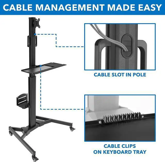 Alt view image 7 of 7 - Adjustable Mobile PC Workstation with Single Monitor Mount | Mobile Standing Computer Workstation with Adjustable Keyboard Tray and CPU Holder | Rolling Desk Fits 13 to 32 Inch Monitors