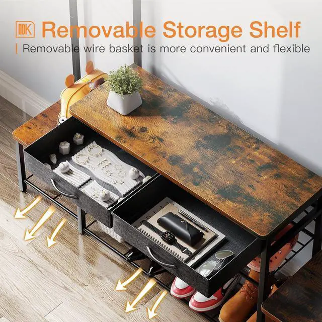 Alt view image 3 of 7 - Parent-Child Hall Tree with Bench and Shoe Storage, Freestanding Coat Rack with Drawers, Entryway Rack with Metal Frame and Hooks, for Entrance, Foyer, Mudroom