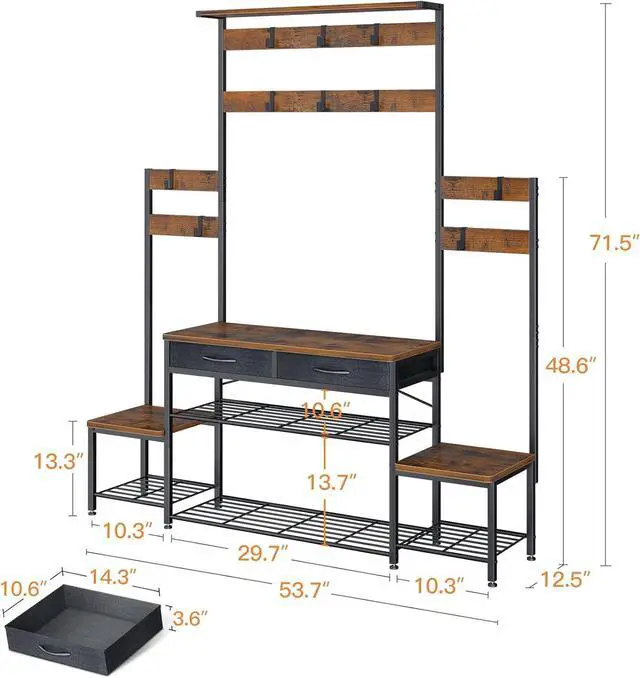 Alt view image 6 of 7 - Parent-Child Hall Tree with Bench and Shoe Storage, Freestanding Coat Rack with Drawers, Entryway Rack with Metal Frame and Hooks, for Entrance, Foyer, Mudroom